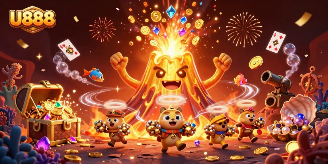 Experience the excitement of U888 with golden treasures erupting in this vibrant casino scene.