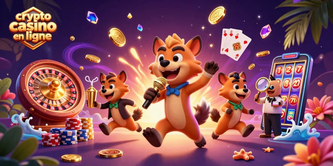 Animation dynamique d'un crypto casino en ligne, mettant en scène des hyènes avec des pièces d'or et une roulette.
