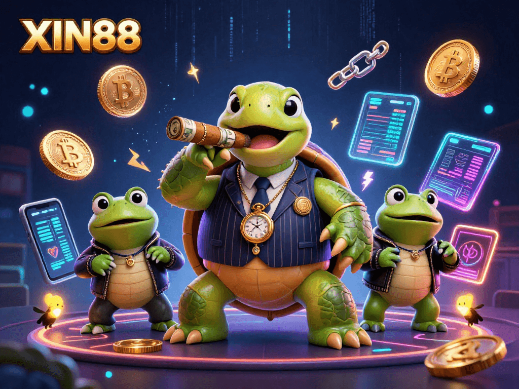 XIN88 casino scene featuring a mobster turtle and frog enforcers among neon cryptocurrencies