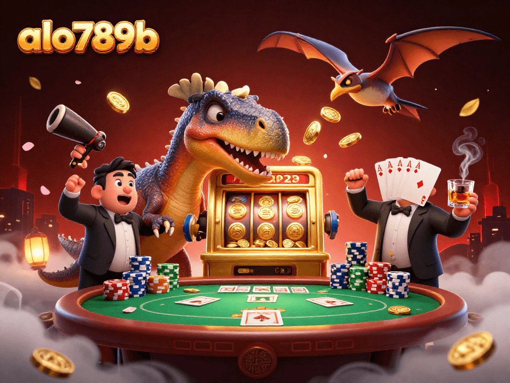 Watch alo789b unleash jackpot coins as a pachycephalosaurus headbutts a golden slot machine in a lively scene.