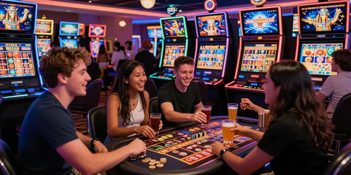 Joyful friends celebrating a slot jackpot win in a vibrant casino.