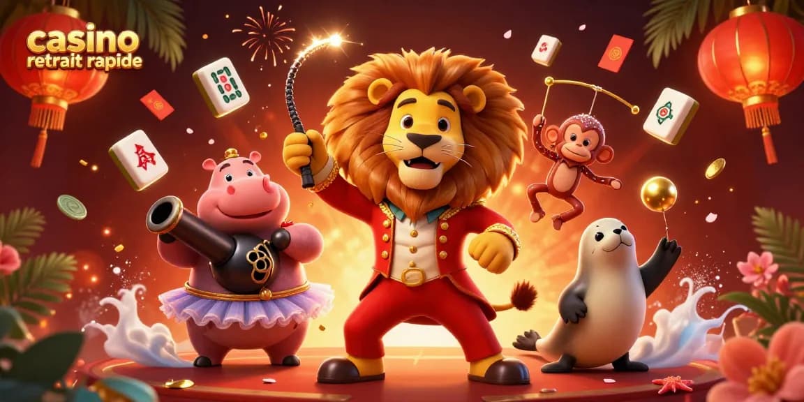 Plongez dans l'univers du casino retrait rapide avec un lion, un hippopotame et un singe dans un spectacle coloré.