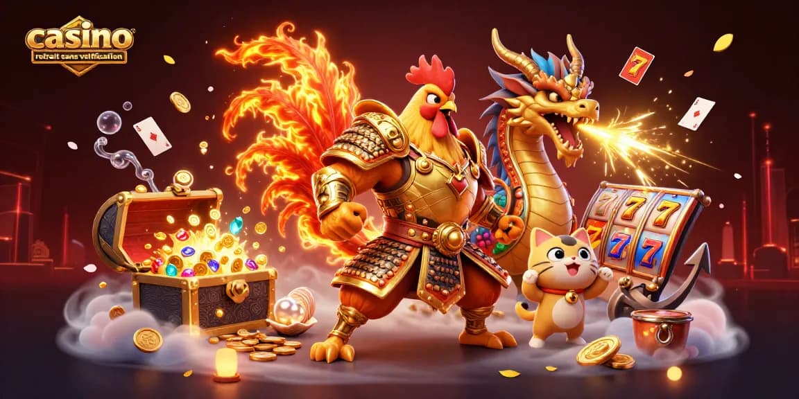 Illustration vibrante de casino retrait sans vérification avec des personnages de guerriers et des éléments de jeu autour.