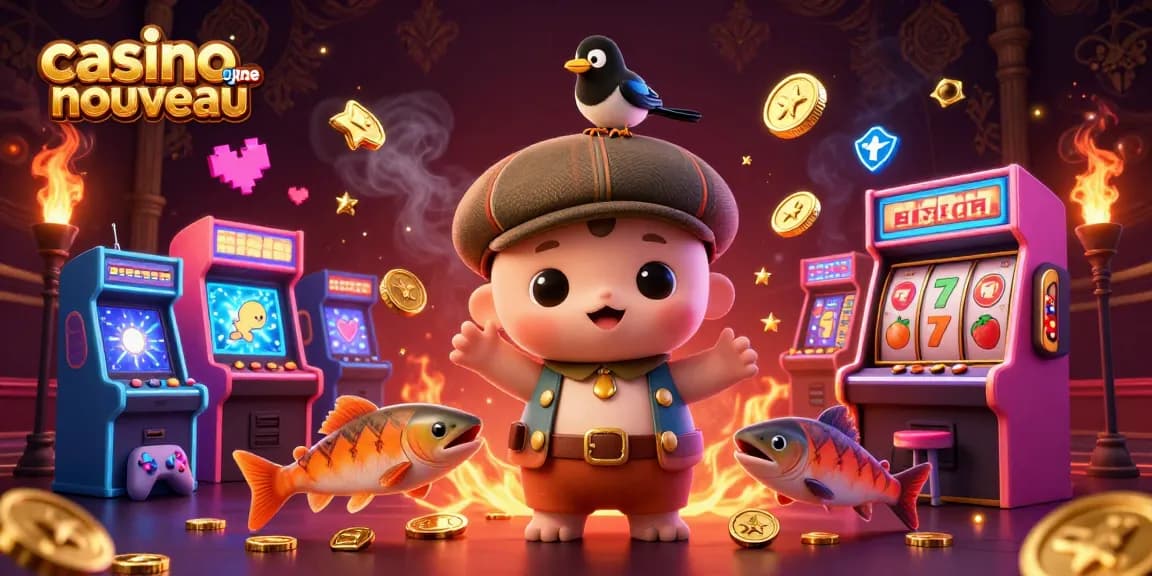 Profitez d'une illustration 3D captivante de casino en ligne nouveau avec Nessie et des machines à sous brillantes.