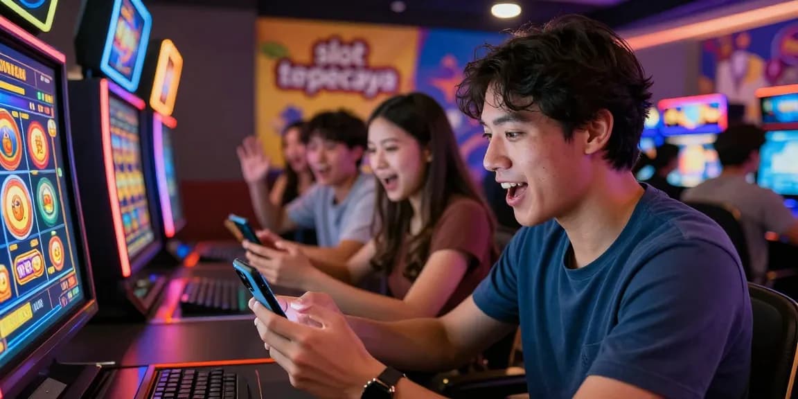 Players enjoying thrilling slot terpercaya games on mobile devices in a vibrant online casino atmosphere.