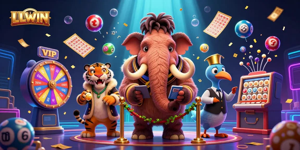 LLWIN's vibrant casino scene with a woolly mammoth bouncer, a saber-tooth tiger, and a dodo bird, featuring bouncing lottery balls and a spinning prize wheel.