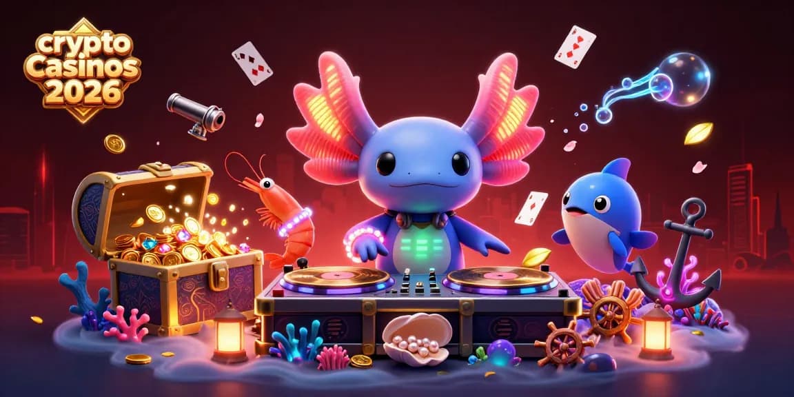 Illustration festive de crypto casinos 2026 avec un DJ axolotl et des crevettes dansantes.