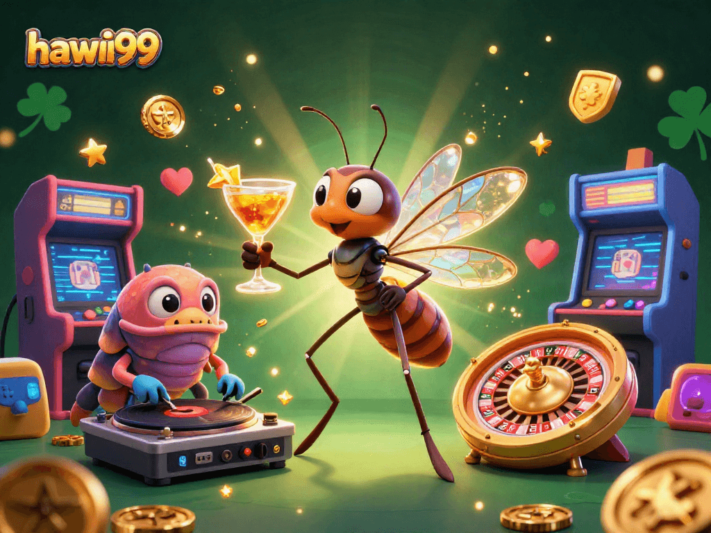 Engage with hawai99 as a vibrant 3D casino scene featuring unique gambling characters and elements.