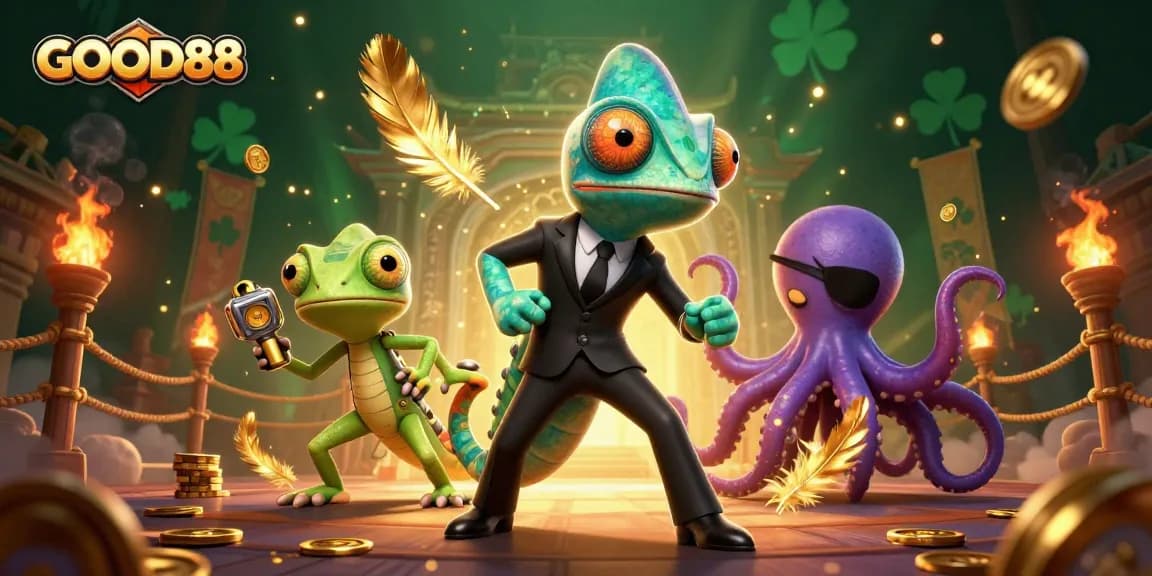 Experience thrilling gaming action at GOOD88 with dynamic characters amid festive casino elements.