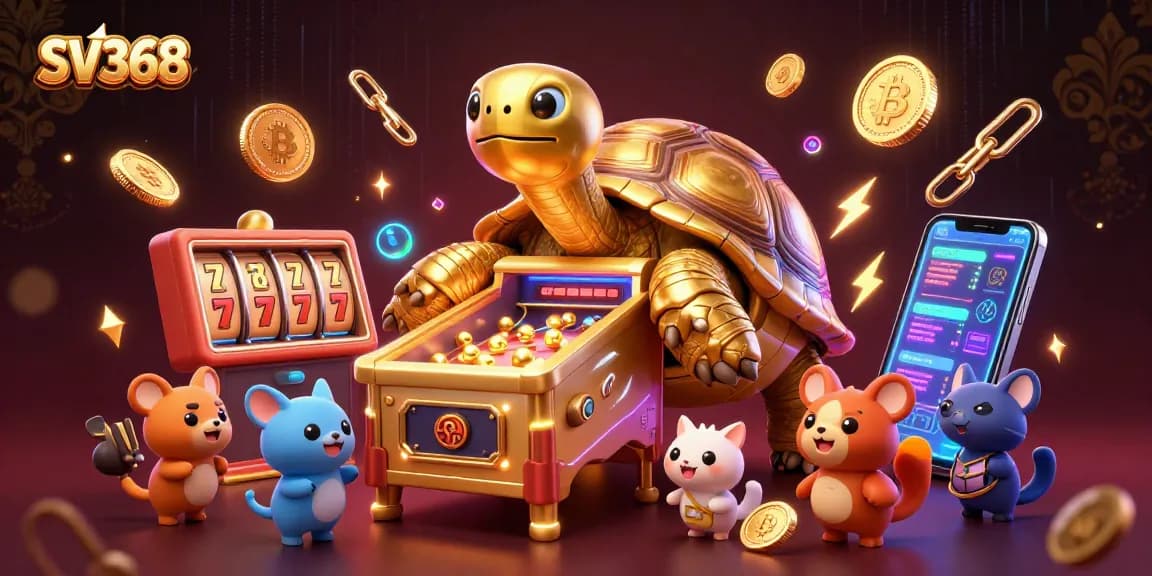 Engage with thrill and excitement at SV368 with vibrant slot visuals and a unique golden tortoise centerpiece.