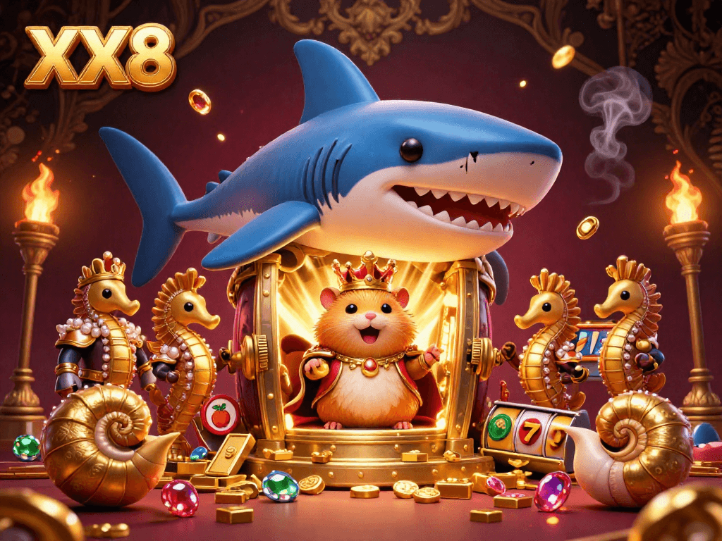 Experience the thrill of winning with XX8 as the golden hamster king oversees a vibrant casino scene.