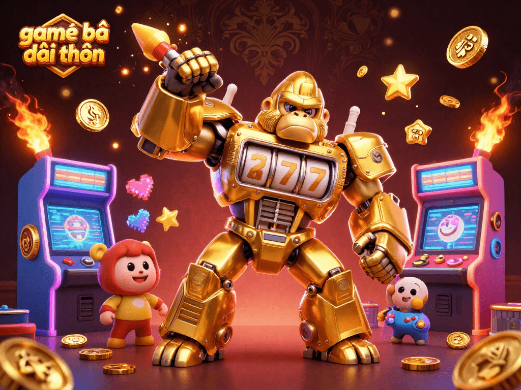 Experience the thrill of game bài đổi thưởng in this vibrant 3D illustration of a golden gorilla mech.