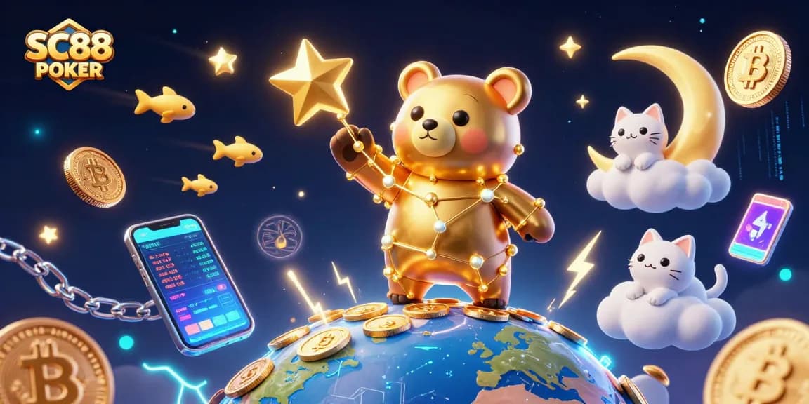 Engage in thrilling gaming action at SC88 POKER with vibrant 3D illustrations of cosmic characters.