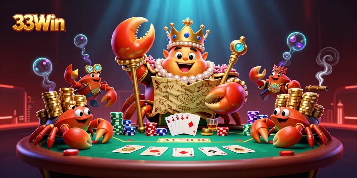 Experience thrilling poker action with 33Win's vibrant crab emperor and golden chips.