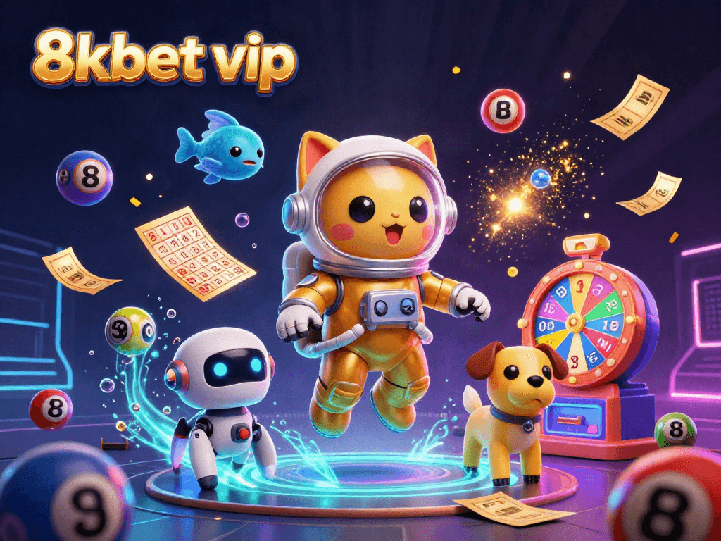 Experience 8kbet vip with an exciting cosmic lottery scene packed with vibrant casino elements.