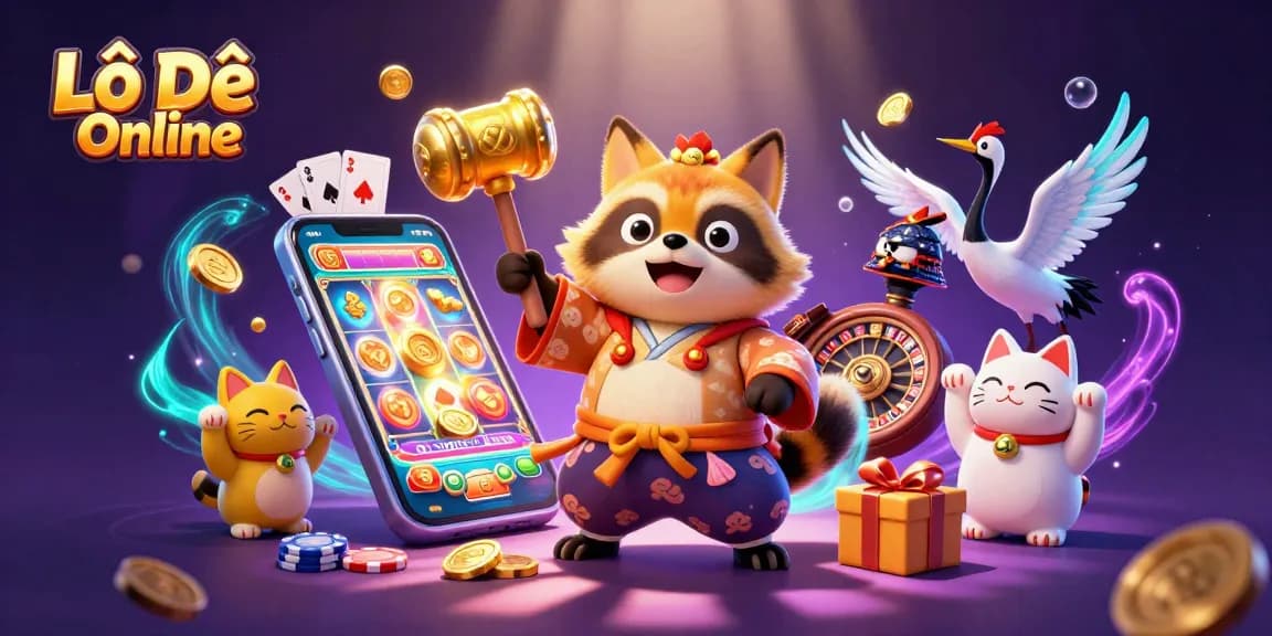 Experience the vibrant world of Lô Đề Online with cheerful characters and rich gaming elements in a dynamic 3D illustration.