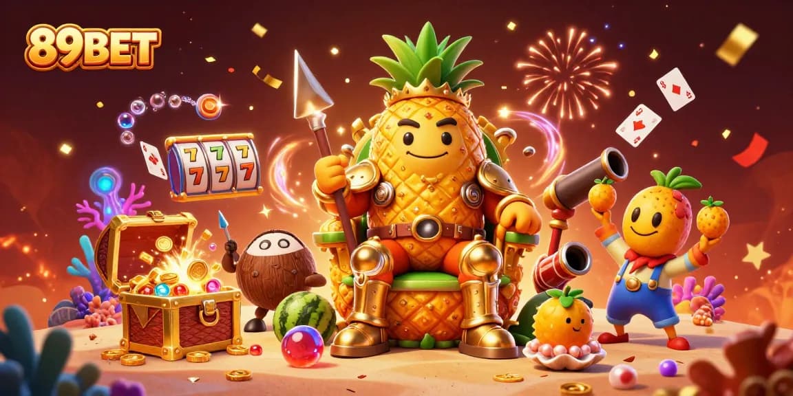 Engage with 89BET through vibrant 3D illustration featuring a golden pineapple king and lively casino activities.