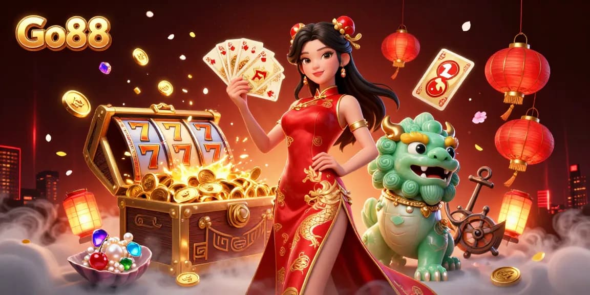 Engage in the thrilling world of Go88 with a vibrant 3D illustration, showcasing classic casino elements.