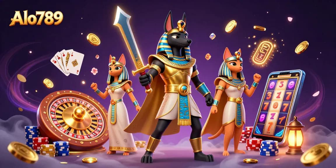 Alo789 engages players with vibrant casino action featuring Anubis, the sacred cat Bastet, and dynamic game elements.