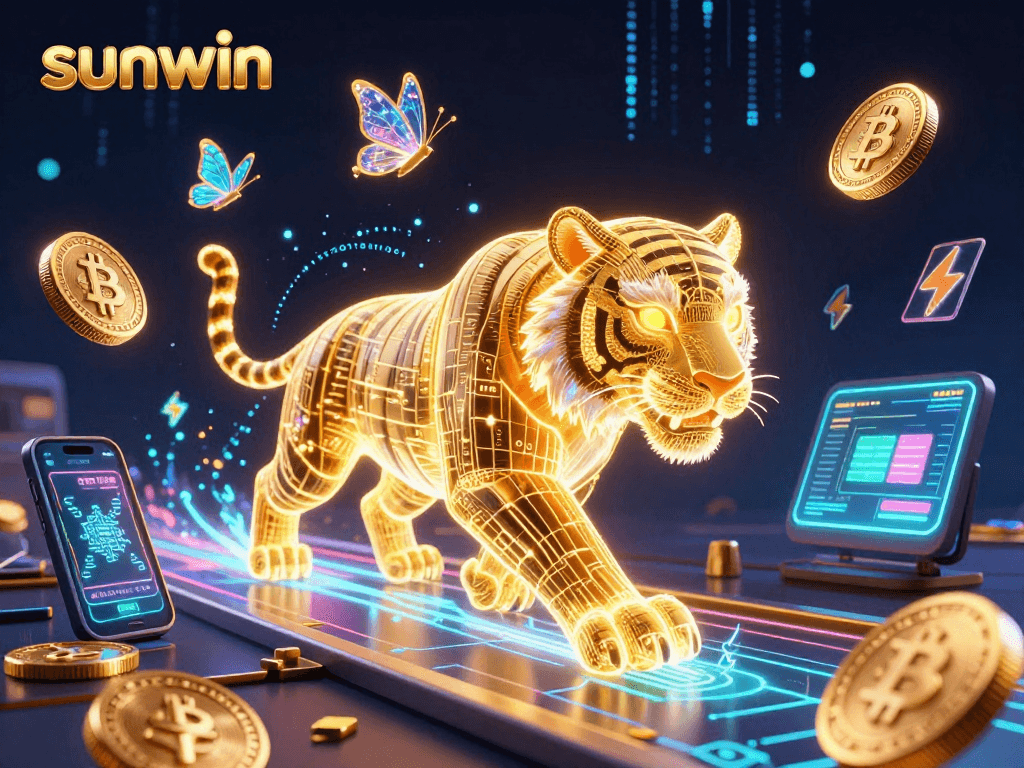 Experience the thrill of sunwin with a vibrant digital casino scene filled with crypto elements.