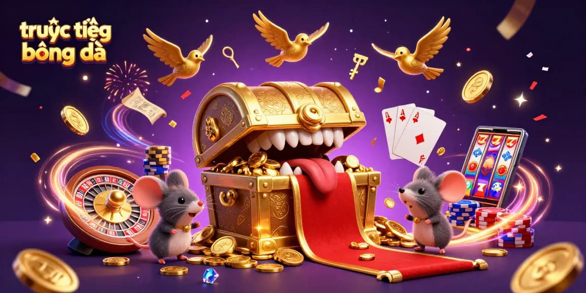 Experience trực tiếp bóng đá with an exciting dynamic scene, showcasing a treasure chest and casino elements.