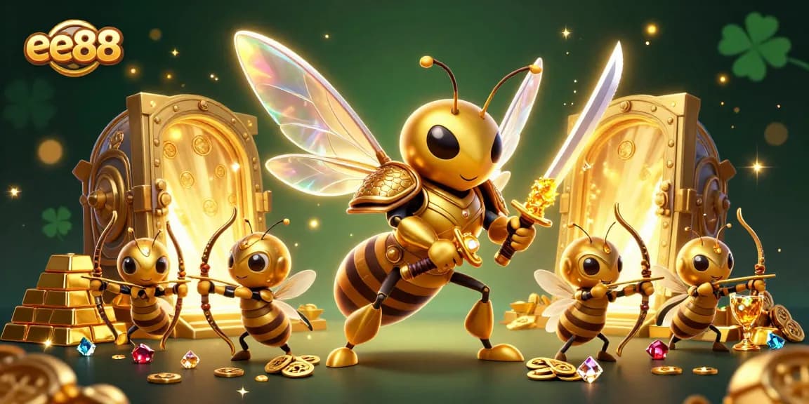 Experience exciting games at ee88 with a dynamic 3D illustration showcasing vibrant casino elements and characters.