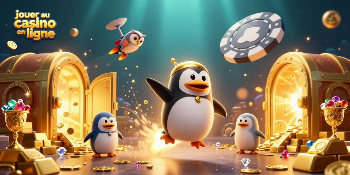 Jouer au casino en ligne avec un pingouin doré et une station spatiale sous un ciel étoilé.