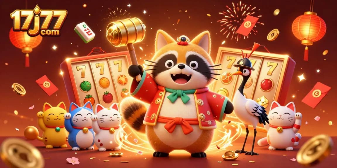 Experience the vibrant action of 17j77 com with cartoon characters and jackpot slot reels amidst festive celebrations.