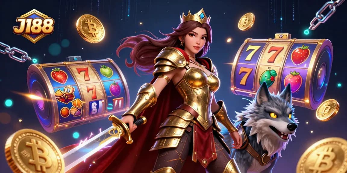 Experience thrilling J188 casino gameplay with a warrior queen and armored wolf in an enriched 3D scene.