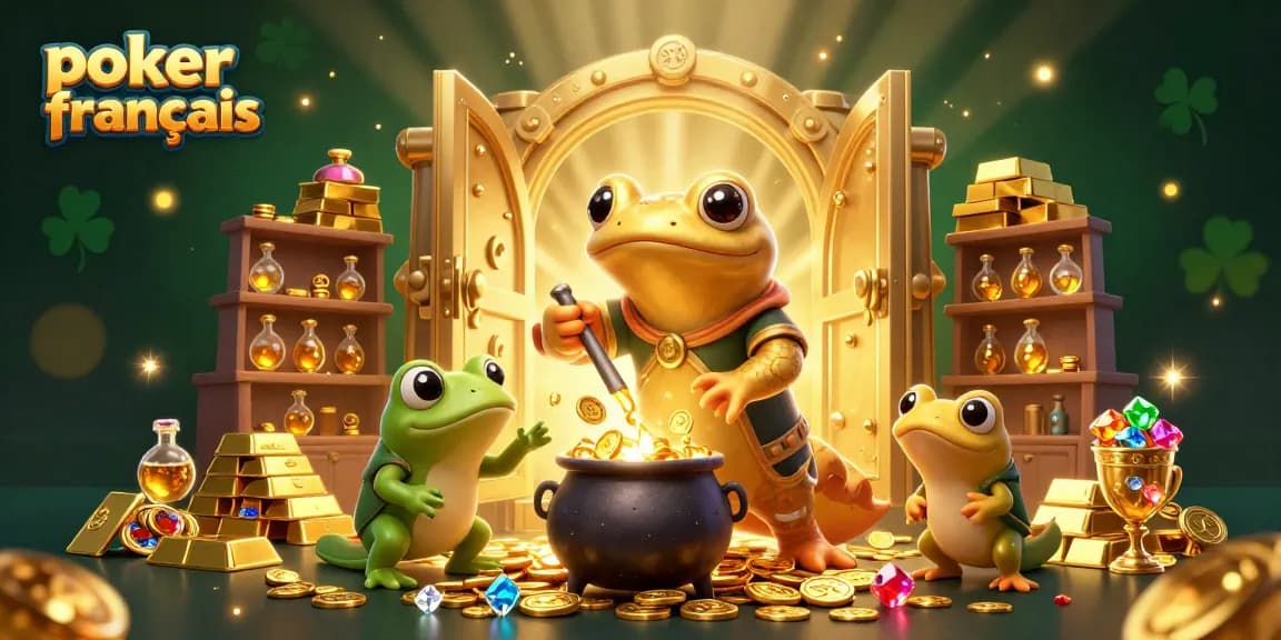 Jouez au poker français avec des personnages captivants autour de trésors d'or et des effets scintillants