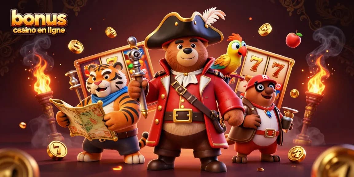 Un ours pirate avec un tigre et un perroquet célèbre les bonus casino en ligne au milieu d'une scène animée remplie de machines à sous.
