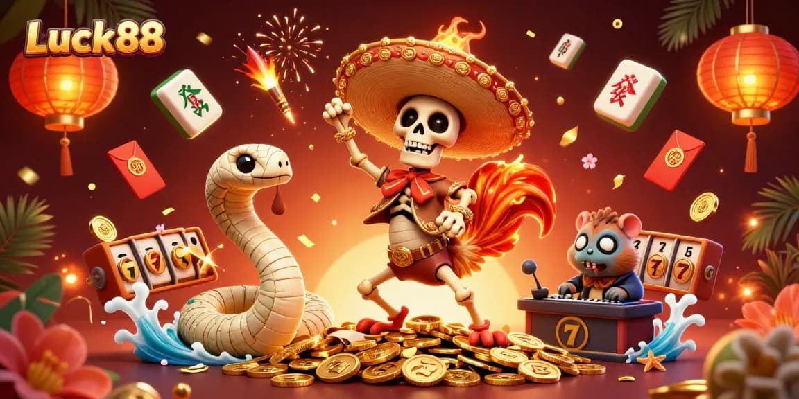 Spin the reels of Luck88 with vibrant characters and elements in this dynamic casino illustration.