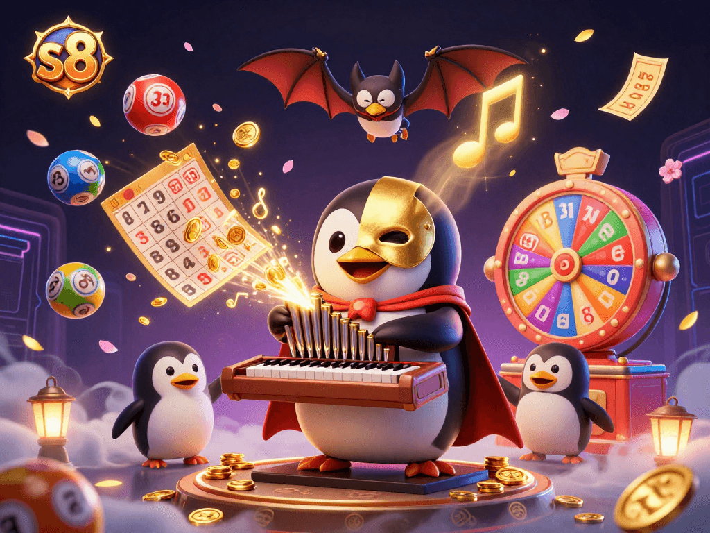 S8 players enjoy thrilling gameplay with a penguin organist showering coins in this vibrant casino scene