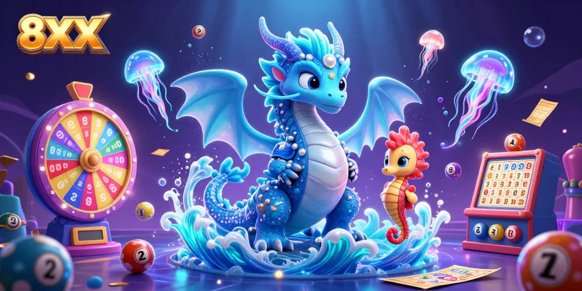 Engage in thrilling lottery games with vibrant 8XX visuals, featuring dynamic elements and glowing characters.