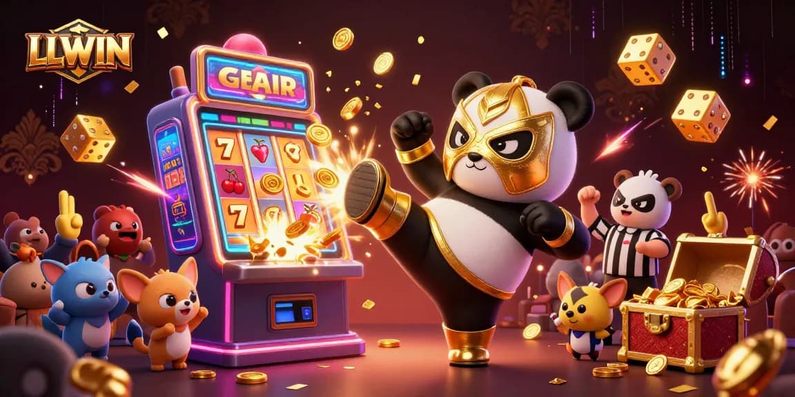 LLWIN celebrates wins with a lively scene featuring a panda wrestler, jackpot machines, and vibrant casino atmosphere.