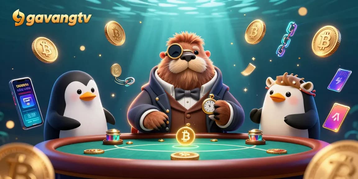 Experience the excitement of gambling at GavangTV with lively cartoon characters engaged in poker action.