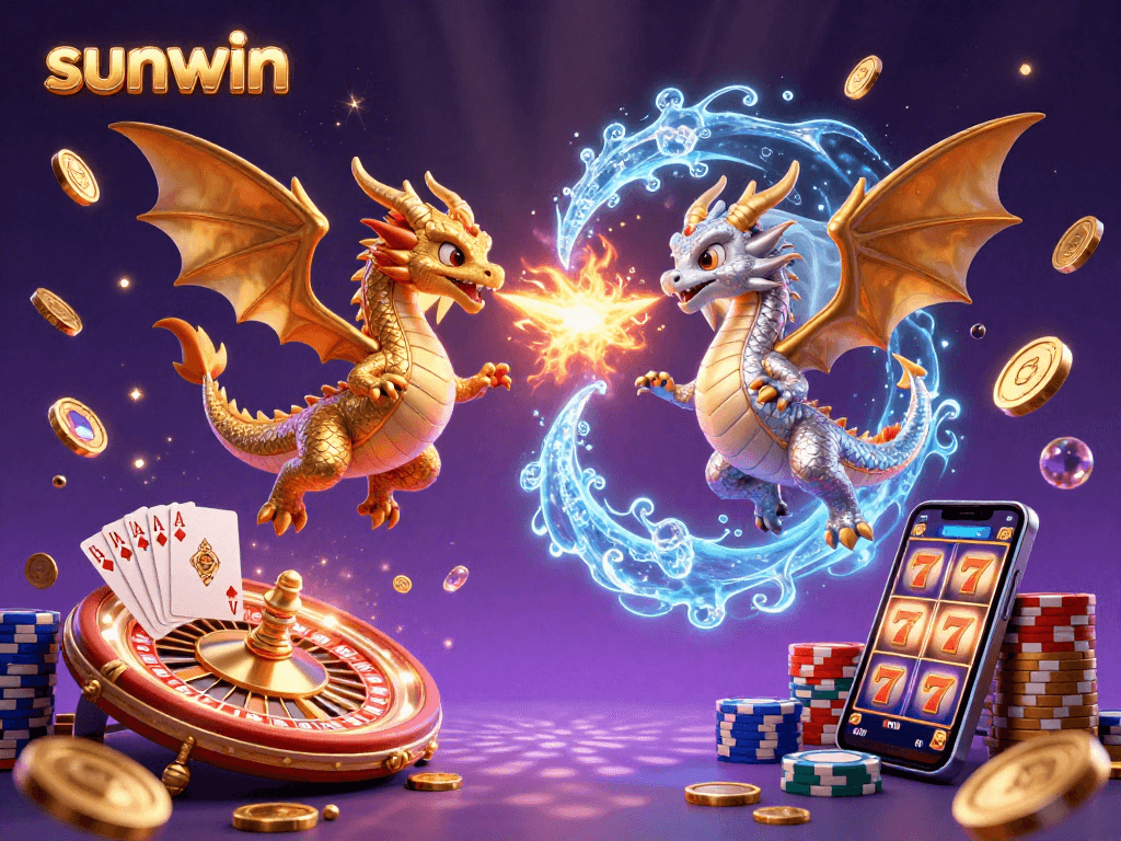 Engage with the sunwin experience, featuring vibrant dragons in a dazzling casino themed 3D illustration.
