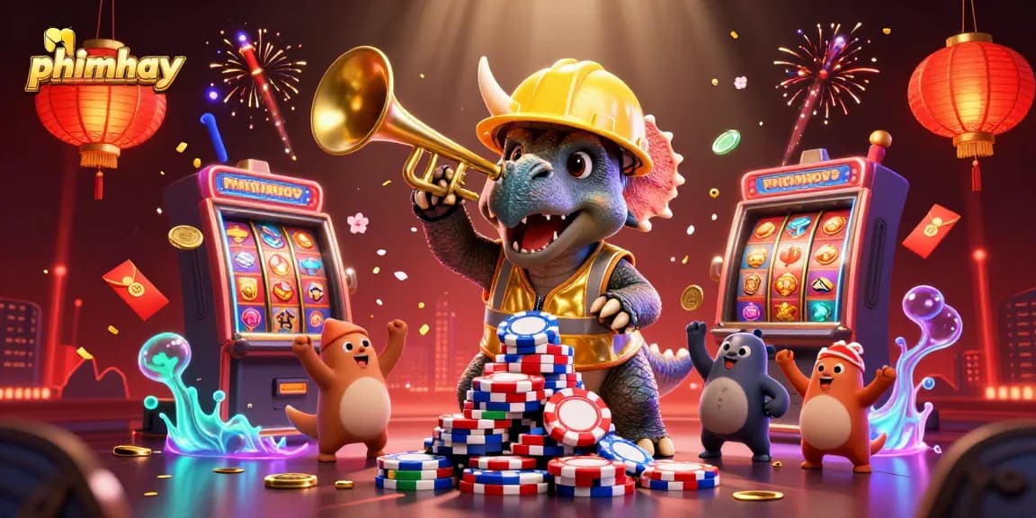 Win big with phimhay at this vibrant cartoon casino scene featuring poker chips and lucky symbols.