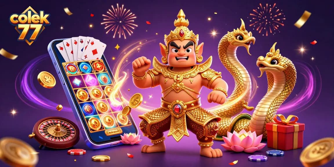 Experience the excitement of colek 77 with a dynamic illustration featuring a guardian and game elements.