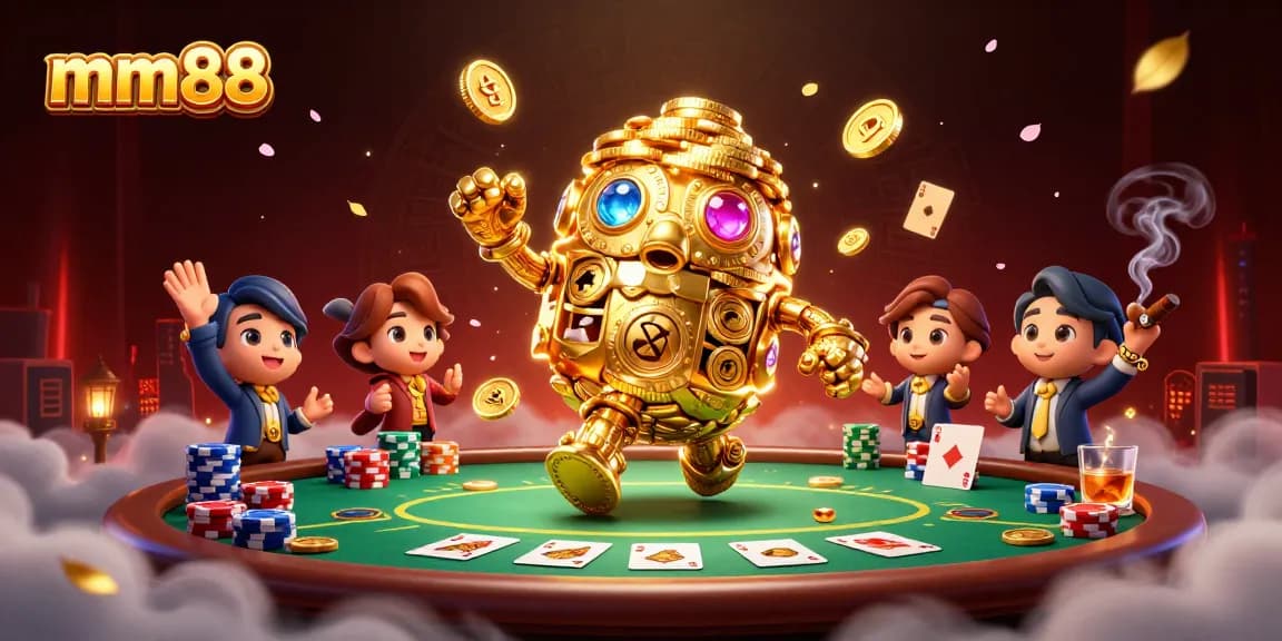 Experience mm88 with an ancient golden golem surrounded by vibrant poker elements and cinematic visuals.
