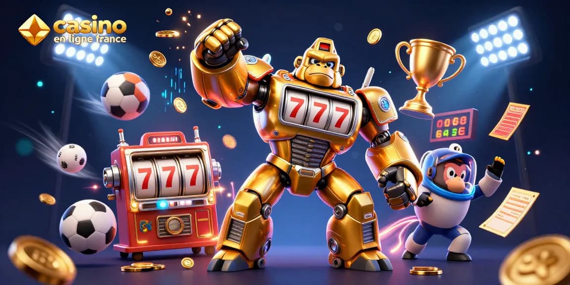 Jouez à casino en ligne France avec le gorille robot et des éléments de sports dynamiques.