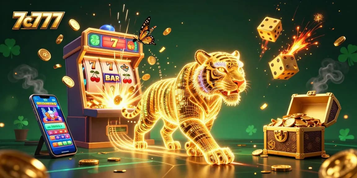 Experience the thrill of 7c777 with a vibrant casino scene featuring slot machines and golden energy.