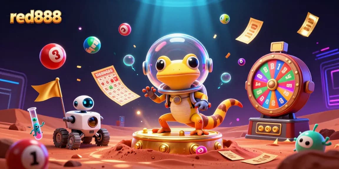 red888 Martian gecko discovers a hidden golden casino in a vibrant, dynamic gambling scene