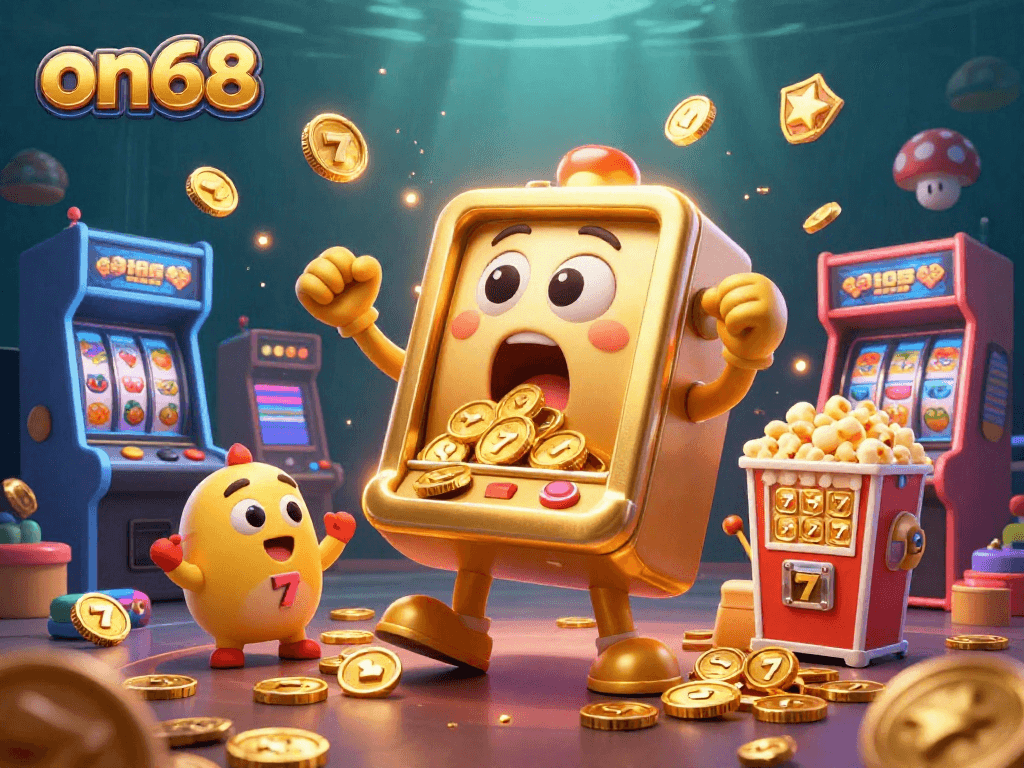 Join the excitement at on68 with a golden slot machine hitting the jackpot amidst a vibrant casino scene.
