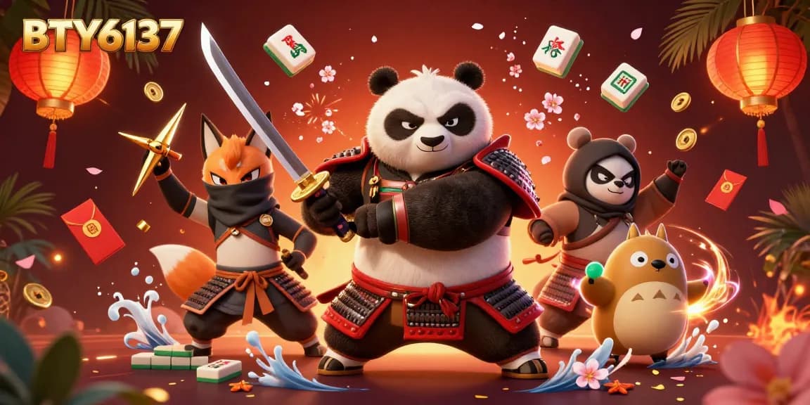 BTY6137 captures the action of a samurai panda and ninja fox, showcasing their gambling adventure.