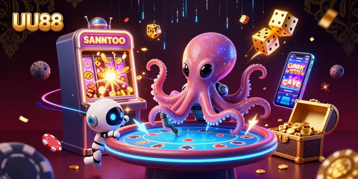 Experience the thrill of winning with UU88's festive casino illustration showcasing vibrant games and jackpots.