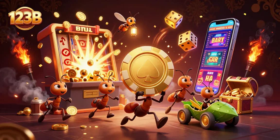 123B showcases a heist scene with ants carrying a giant poker chip, surrounded by vibrant casino elements.