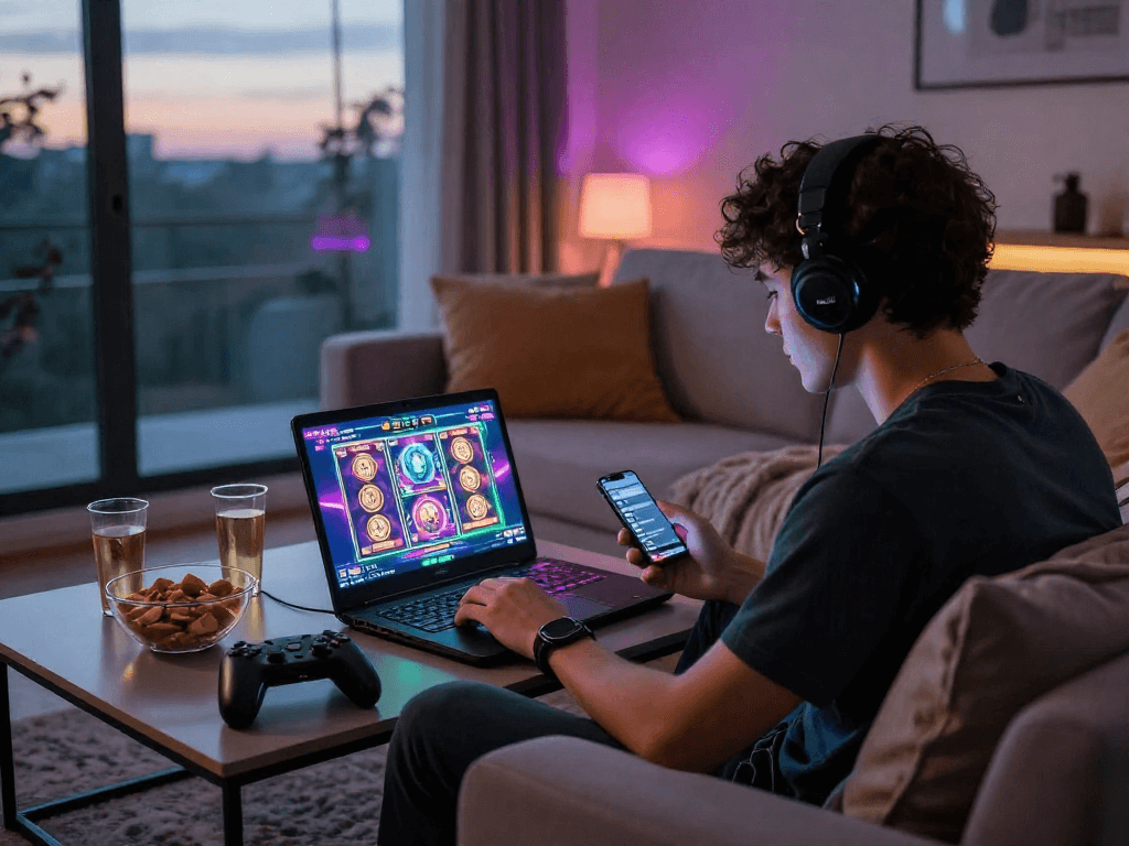Player enjoying slot gacor hari ini in a cozy living room, colorful gaming setup and snacks