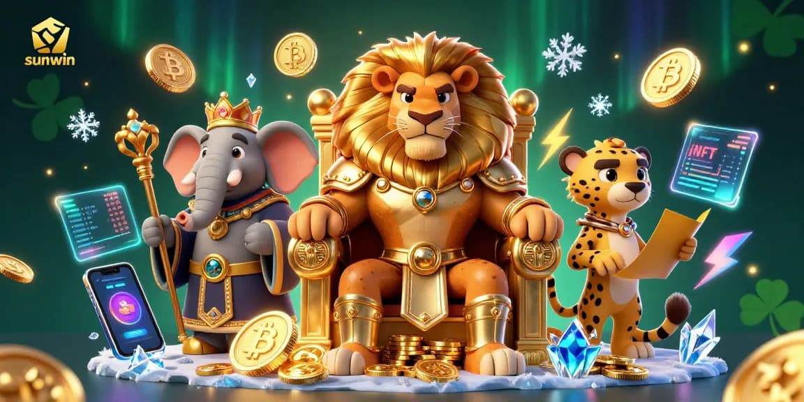 Experience the excitement of sunwin casino with vibrant characters and glowing cryptocurrencies in a dynamic gambling scene.