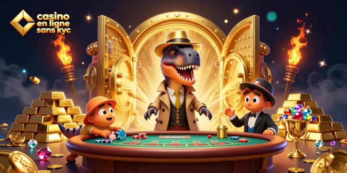 Illustration d'un velociraptor jouant au casino en ligne sans KYC avec un stegosaurus et un compy chapardeur.